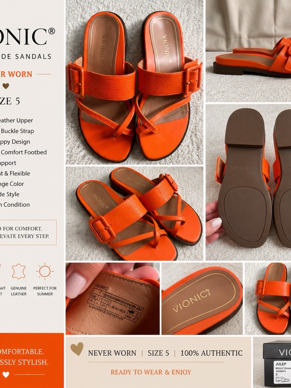 Vionic Julep Slide Sandals Bright Orange Leather Orthopedic Size 5